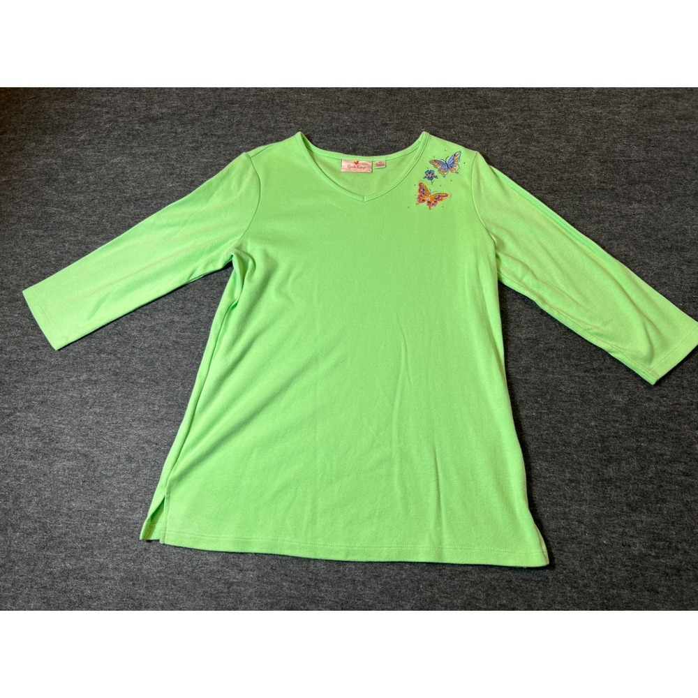 Quacker Factory Top Womens XS Green Butterfly Embroidered V-Neck 3/4 Sleeve
